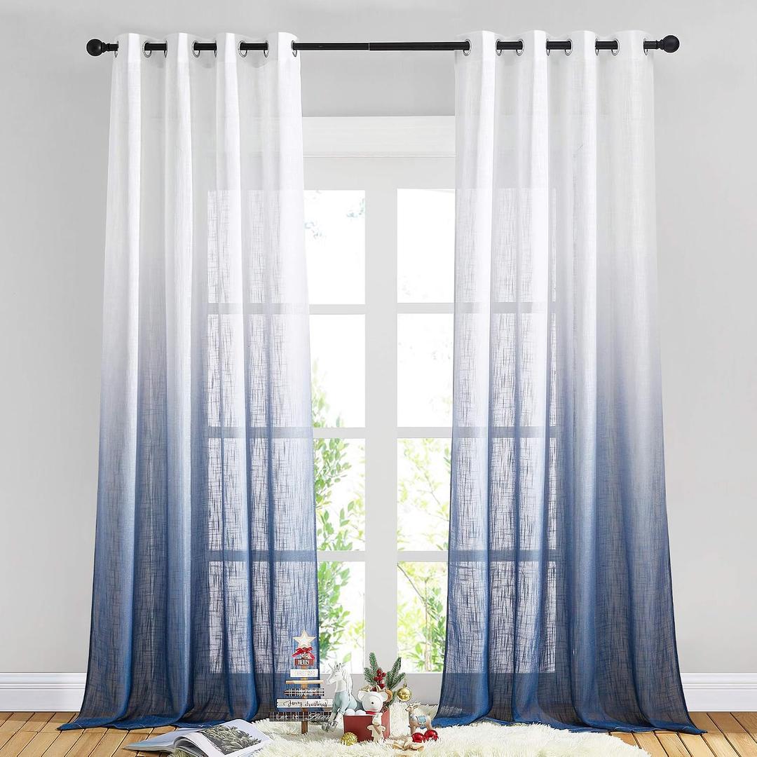 NICETOWN Ombre Sheer Curtains Navy Blue for Windows 95 inch Long, Grommet Top Semi Sheer Linen Curtains Home Decor with Light Filtering for Bedroom/Living Room, 2 Panels=100" W, 50"W x 95"L