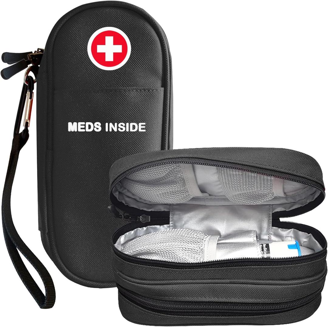 EpiPen Carrying Case, Double Layer Travel Medical Bag with Zipper, Emergency Medication Organizer Pouch for 2 Epi Pens or Auvi-Q, Anti-Histamine, Other Allergy Medicines, (Black)
