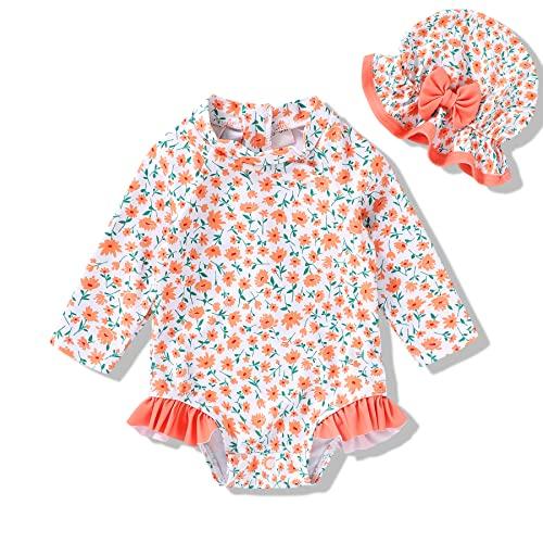 Infant Baby Girl Swimsuit One-Piece Long Sleeve Rash Guard with Hat Set Floral Zipper Bathing Suit Leopard Beach Wear, 0-1m
