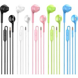 Earbuds Headphones with Microphone Pack of 5, Noise Isolating Wired Earbuds, Earphones with Powerful Heavy Bass Stereo, Compatible with Android, Phone, Laptops, MP3 and All 3.5mm Interface (Black+White+Blue+Pink+Green)