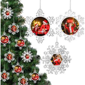 Soaoo 15 Pcs 2025 Metal Christmas Photo Frame Ornament Bulk Silver Snowflake Tree Picture Frame Ornament Double-Sided for Christmas Tree Hanging Xmas Home Indoor Outdoor Decorations Keepsake Gifts