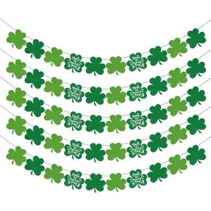 St Patricks Day Decorations - 5 Pack Shamrock Clover Garland Banner - NO DIY Felt Hanging Banner for Home, Mantel, Office, Irish Party Supplies, Wall Fireplace Decor