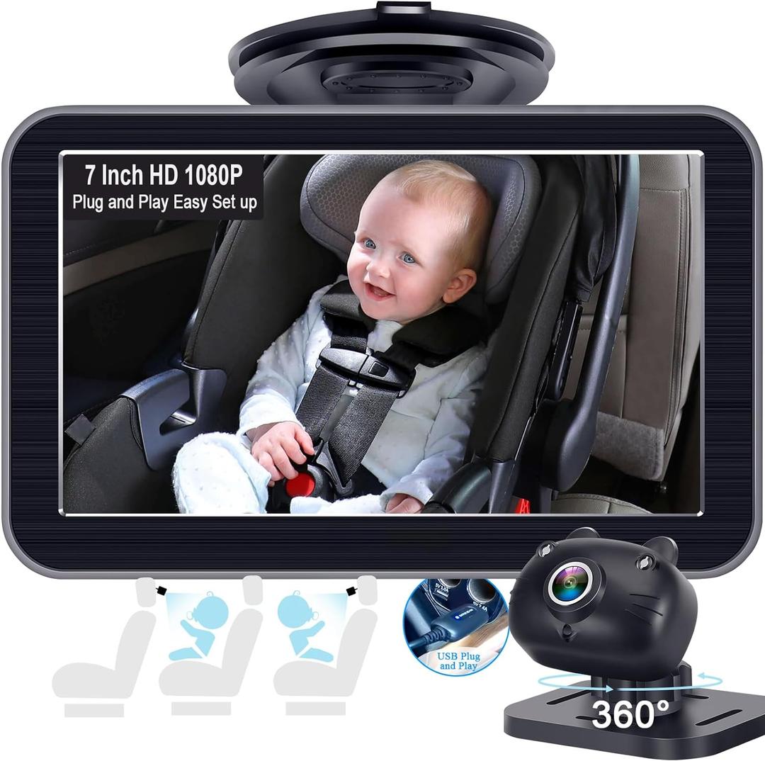 DoHonest Baby Car Camera 7-Inch: USB Plug and Play Easy Setup 360 Degree Rotating Backseat Camera Two Kids HD 1080P Rear Facing Car Seat Cameras Clear Night Vision -V9