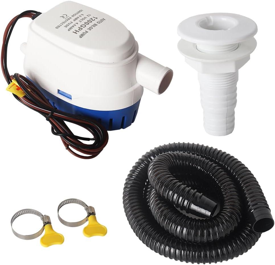 12V 1200 GPH Automatic Boat Bilge Water Pump, 1-1/8 Inch Dia Automatic Boat Bilge Pump Hose Kit, 6.5 FT Kink-Free PVC Hose, 2 Stainless Steel Clamps and ABS Thru-Hull Fitting (Five-Piece)