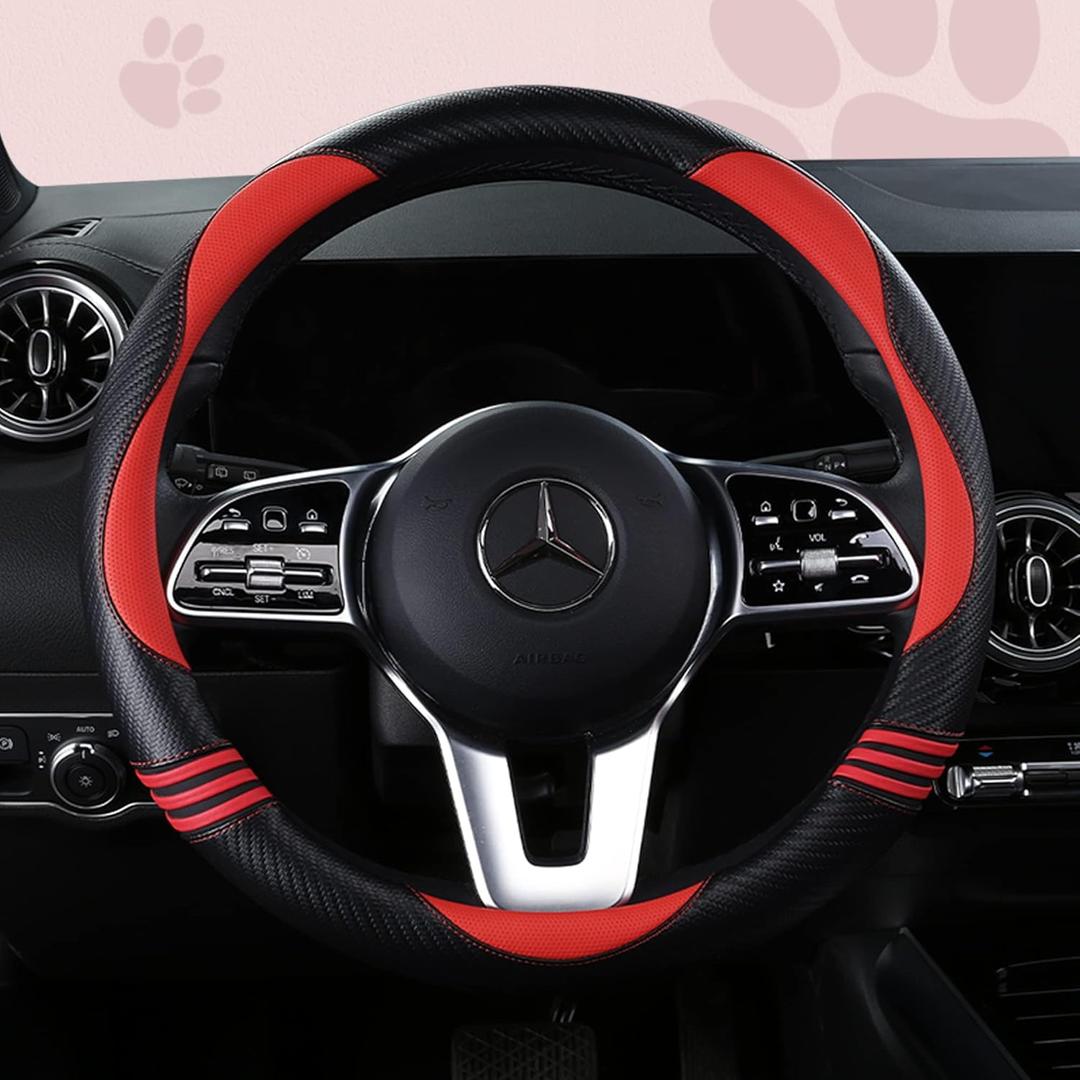 Car Steering Wheel Covers for Women Padded Carbon Fiber PU Leather Cute Auto Interior Accessories for Vehicle, Sedan, Universal, Anti Slip, Red, Standard Size 14.5-15" (37-38cm)