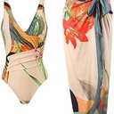 Women's One Piece Swimsuit with Beach Cover up Wrap Skirt Sarong Retro Floral Print Bikini Set Two Piece Bathing Suit, L