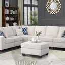 Ball & Cast 116" L-Shaped Sectional Couch with Movable Ottoman and 6 Throw Pillows,7 Seat Chenille Upholstered Sectional Sofa W/Wide Armrest,DIY Combination,Comfy Sectionals Set for Living Room,Beige