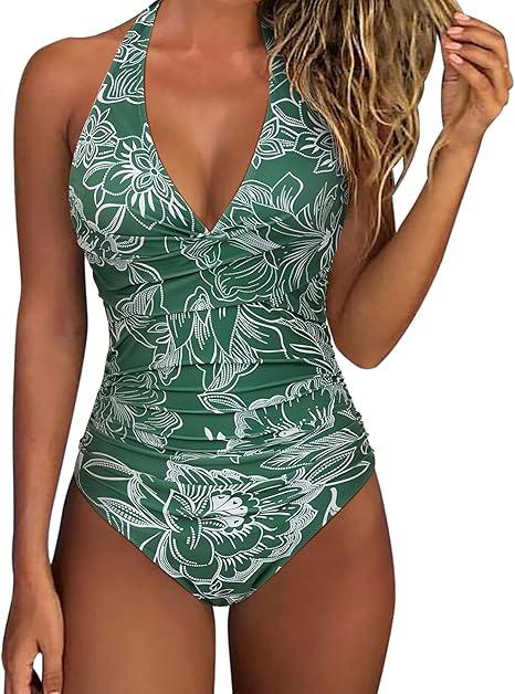 SUUKSESS Women Sexy Tummy Control One Piece Swimsuits Halter Push Up Bathing Suits (Small, Green Floral)