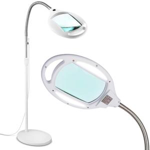 Brightech LightView Pro LED Magnifying Floor Lamp - Daylight Bright Full Spectrum Magnifier Lighted Glass Lens - Height Adjustable Gooseneck Standing Light - for Reading Task Craft Lighting - White (3 Diopter (1.75x))