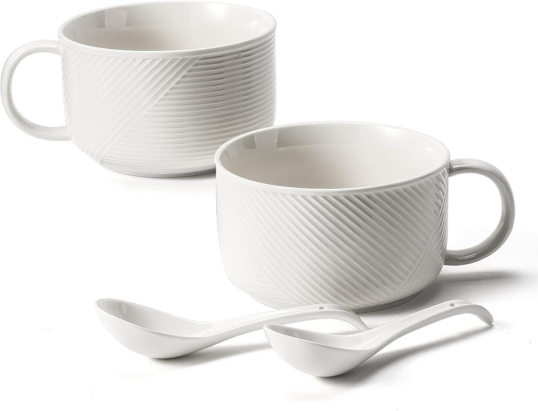 Microwave Soup Bowls with Handles: 38 Ounce Extra Large Ceramic Soup Mug with Handle & Spoon - Oversized Ramen Bowl Set of 2, 6 Inch, White