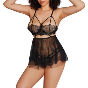 Cute mini skirt lace dress nightgown sexy lingerie for women rave naughty maid outfits see through suspender (Black, XL)