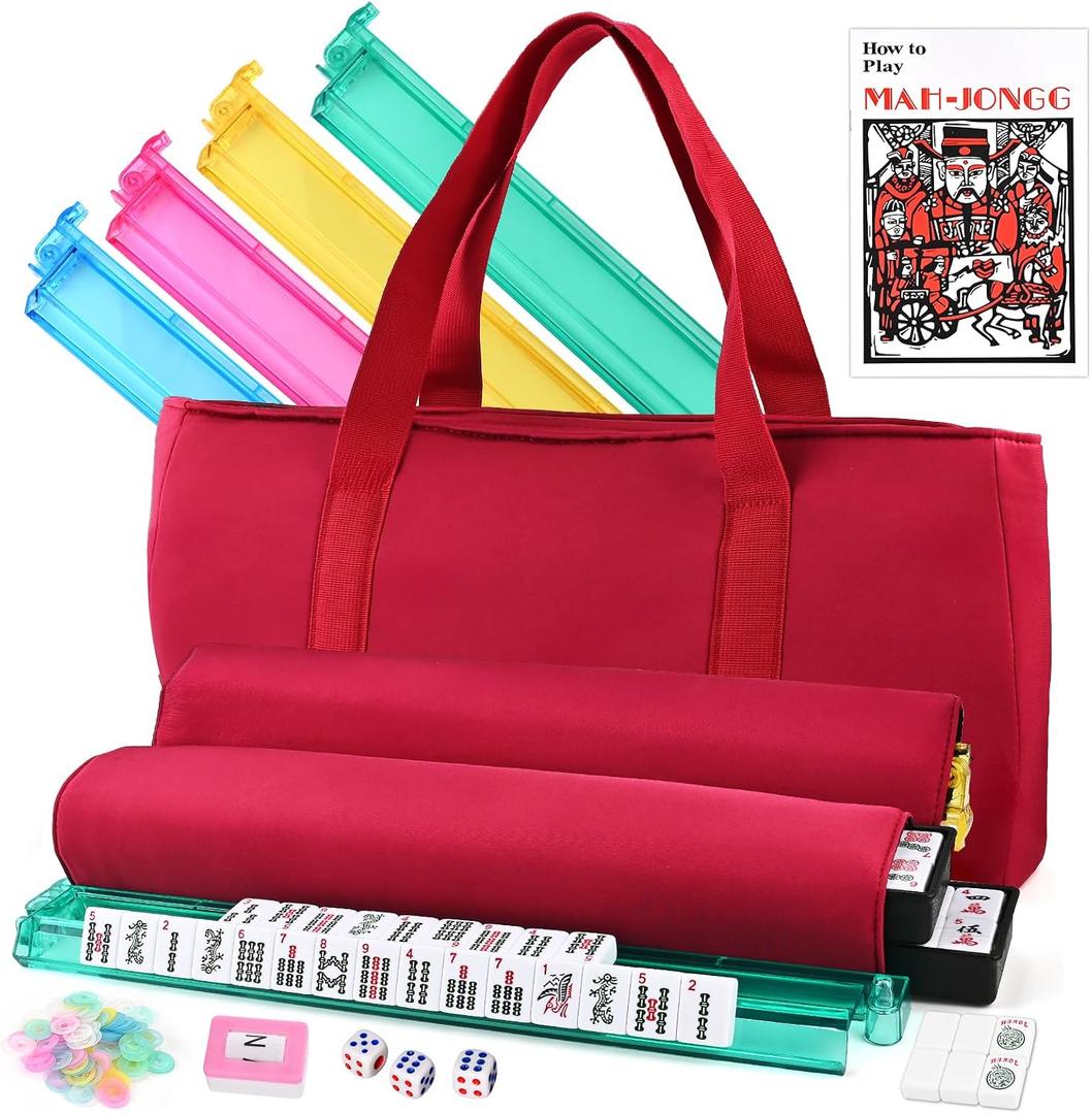 American Mahjong Tile Set 166 White Tiles, 4 All-in-One Color Racks with Pushers, 3 Dice, Portable Red Carrying Bag Complete Mahjong Game Set