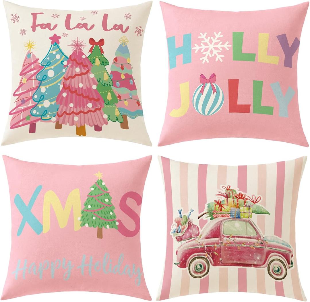 Pink Christmas Decorations Pillow Covers 18x18 Set of 4 Christmas Throw Pillow Covers, Holly Jolly FA La La Xmas Winter Holiday Linen Cushion Case for Home Sofa Couch Bed Chair Decor