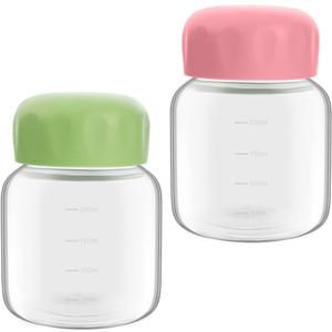 2 Pack Small Water Bottles, 300ml Glass Water Bottles with Lid, Clear Glass Leak-proof 10oz Juice Bottles, Cute Water Bottles with Scale for Juicing, Milk, Fruit Drinks, Beverage Storage