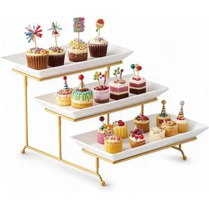 Gomakren 3 Tier Serving Stand with Porcelain Serving Platter Tray - Collapsible Gold Stand with 3 Piece Large14 Inch White Plates for Food Presentation Dessert Server Display and Entertaining (15.7" x 13.5" x 9.2")