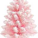 2FT Artificial Christmas Tree Pink Tabletop Christmas Tree with Wooden Stand Snow Flocked Mini Xmas Pine Tree for Christmas Indoor Outdoor Holiday Home Decoration