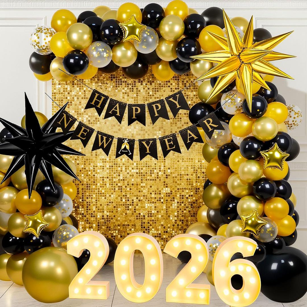 2026 New Year Balloon Arch Party Decorations, 18" 10" Black and Gold Balloon Garland Arch with Happy New Year Banner for 2026 New Years Party Decorations NYE Party Supplies 2026