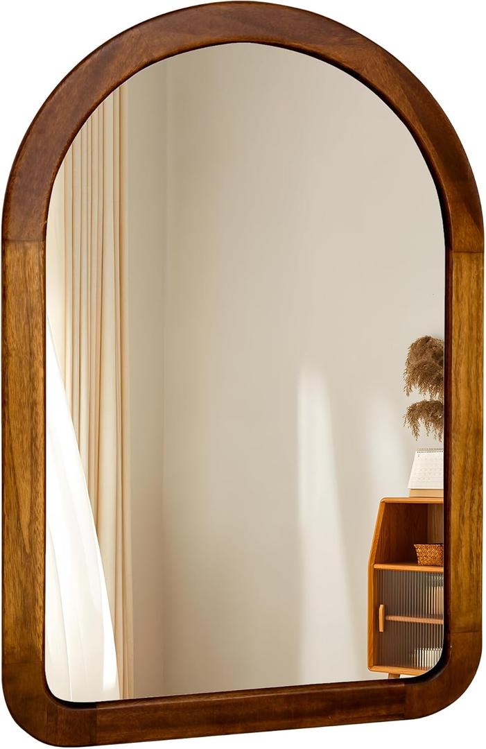Arched Mirror 22 x 30 Inch,Brown Wood Rustic Bathroom Tempered Wall Mirror with Wood Frame,Round Corner Arch Farmhouse Wooden Vanity Mirror for Living Room,Entryway or BedroomWalnut Brown