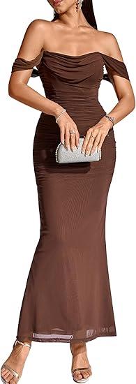 KUTUMAI Off The Shoulder Maxi Long Dress Corset Ruched Bodycon Formal Wedding Guest Dresses for Women, XXL, Brown