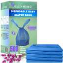 Baby Disposable Diaper Sacks (500 ct.) Fresh Baby Powder Scented Bulk Easy-Tie Diaper Sacks Nursery Trash Bags Dog Poop Bags Cat Litter Waste Bags Sanitary Pads Disposal Bags (500 Bags, Blue)