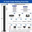 BLIKA 12FT-20FT Complete Set 42" Cable Railing Post Kit, Black Level Drilled Cable Railing Post, Swageless Cable Railing System Include 4Pack Level Posts, 1/8" 300FT Stainless Steel Cable(No Handrail)