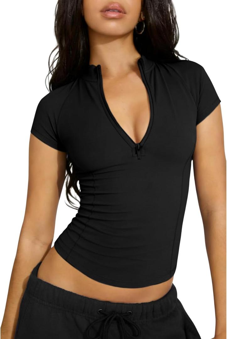 Lviefent Womens Quarter Zip Active Top Lightweight Short Sleeve Athletic Shirts Slim Fit Running Track Workout Top Sportswear (Black
