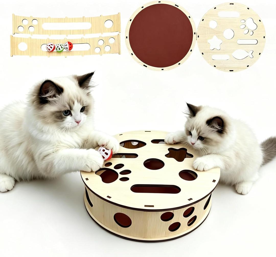 Large Cylindrical Cat Nail File Box, Wooden Cat Scratch Puzzle Box with Sandpaper & Bells, Interactive Cat Scratcher, Stress-Free Nail Trimming for Indoor Cats