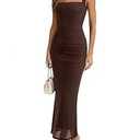 Xemofy Women's Sleeveless Square Neck Ruched Bodycon Maxi Dress - Elegant Sheer Mesh Formal Long Dress for Wedding Guest Party (US, Alpha, Medium, Regular, Regular, Brown)