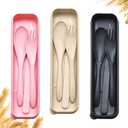 Reusable Travel Utensils Set with Case, 3 Sets Wheat Straw Portable Knife Fork Spoons Cutlery, Eco-Friendly BPA Free Plastic Tableware for Kids Adults Travel Picnic Camping Utensils (3 Sets - Beige, Pink, Black)