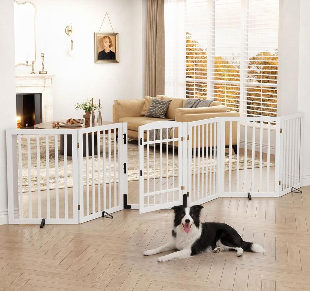 Homykic Dog Gate Indoor, 132" Wide Bamboo Pet Gate with Door, 30”H, White, 132.3"Wx30"H, 6 Panels w/ Door
