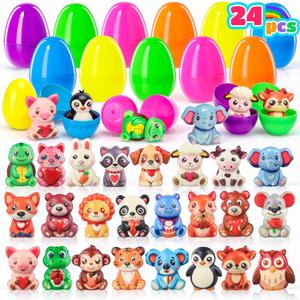 24 Pack Prefilled Easter Eggs with Squishy Animal Toys, Pre-Filled Easter Eggs for Easter Egg Hunt, Easter Basket Stuffers, Non Candy Easter Toys, Party Favors for Kids Boys Girls
