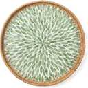 Round Rattan Tray with Mother of Pearl Inlay, Decorative Wicker Serving Tray with Wooden Base, Woven Basket Trays for Bread Fruits Coffee, Leaf