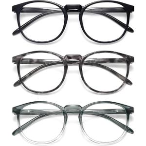 IBOANN Chic & Comfy Blue Light Glasses for Women - 3-Pack Round Frames, Screen-Ready Style with UV Protection Coating (A1 Light Black& Grey &Grey Clear)