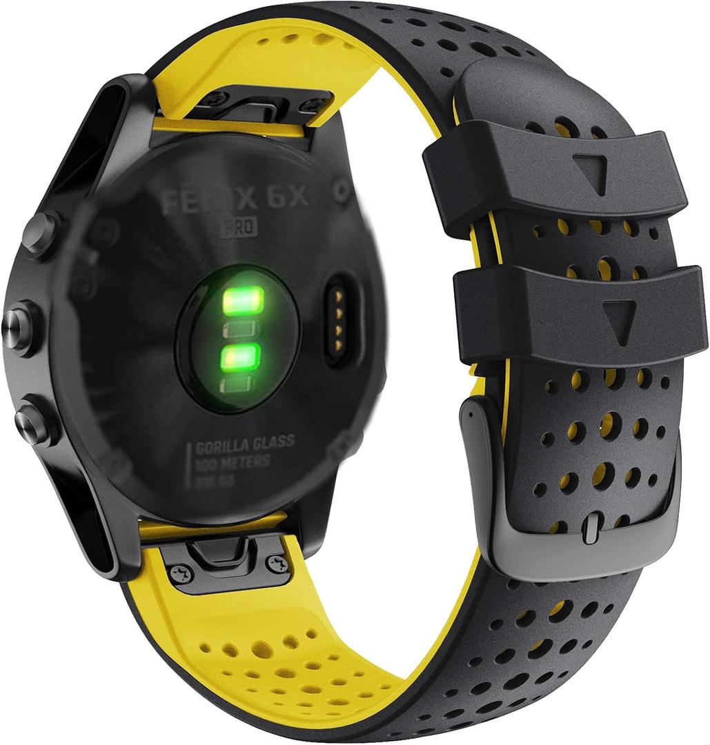 Abanen Silicone Watch Band for Garmin Fenix 8 51mm / epix Pro 51mm / Instinct 2X / Instinct 3 50mm, Quick Fit 26 Soft Sport Breathable Waterproof Wristband Strap for Enduro,Fenix 7X/6X/5X (Black Yellow)
