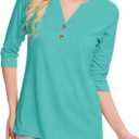 Womens Tops 3/4 Sleeve V Neck Button Down Shirts Business Casual Outfit Basic Tees Summer Top 2025 (XL)