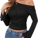 SOFIA'S CHOICE Women's Sexy Off Shoulder Long Sleeve Crop Tops Boat Neck Loose Asymmetrical Tops Black Medium