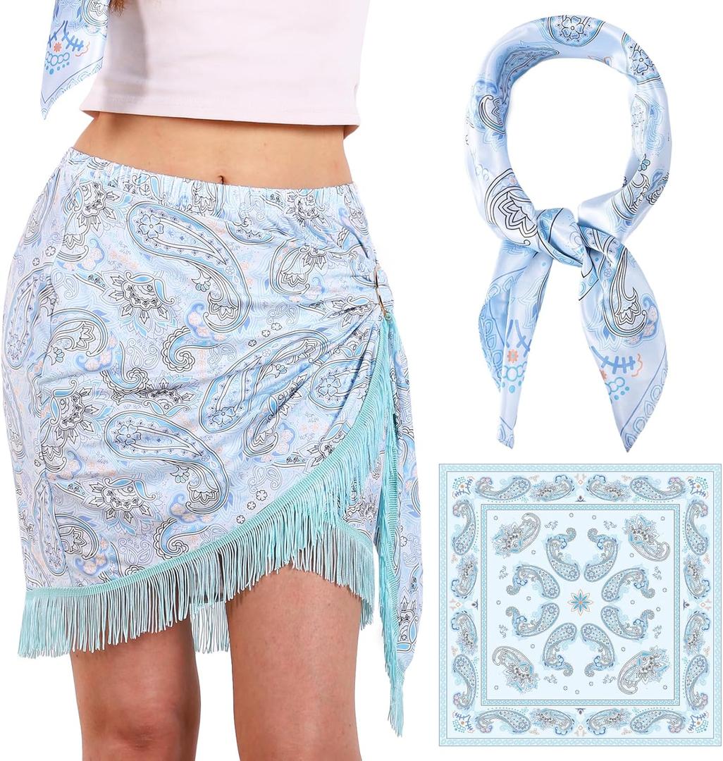 Wrap Skorts for Women, Casual Beach Mini Skirt with Silk 27" Square Scarf, Boho Beach Cover Ups for Swimwear (4-5, Blue)