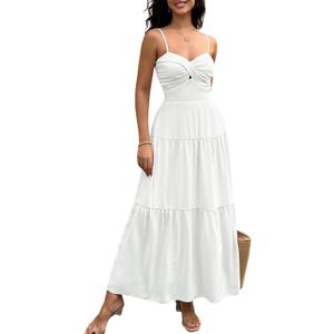 ECOWISH Women's Summer Strapless Maxi Dress 2025 Off Shoulder Hollow Out Smocked A Line Tube Tiered Long Dresses (3447 White) L