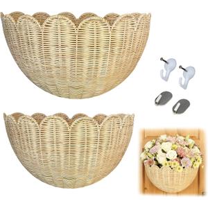 2Pcs Scalloped Wall Basket Set (16108in & 1486in), Handwoven Rattan Wicker Hanging Baskets, Boho Style Wall Decor and Storage Organizer for Living Room, Bathroom, Bedroom, or Entryway (Natural m3)