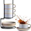 Gomakren 6 Ounce Cappuccino Cups with Saucers and Metal Stand, Stackable Coffee Cup Set of 4, Christmas Porcelain Espresso Cups for Coffee Drinks, Cappuccino, Latte, Americano, Tea, Gray