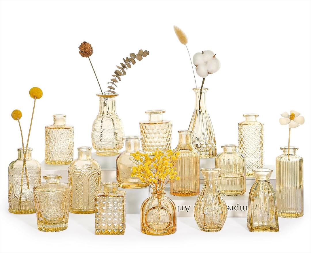 16Pcs Glass Bud Vase Set, Small Flower Vases in Bulk for Centerpieces, Mini Vintage Amber Vase for Wedding, Home Decor, Table Decoration - Gold Amber