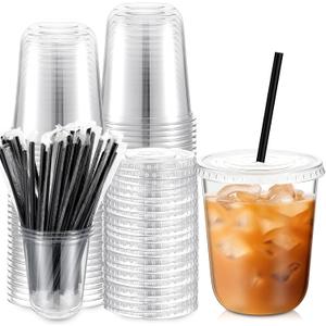 Ziliny 50 Set Clear Plastic Cups with Lids and Straws, Disposable Iced Coffee PET Cups for Drinking Cold Beverage Juice Parfait Smoothie Milkshake Coffee Shops Party Supplies (14 oz)