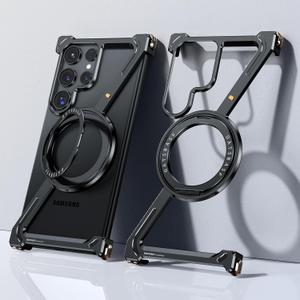 Z Case for Samsung Galaxy S24 Ultra Frameless, with Magsafe Kickstand 360 Rotatable, Bezel Less Metal Slim Hard Ultra Thin Case with Ring Holder Magnetic Stand for Men, Black