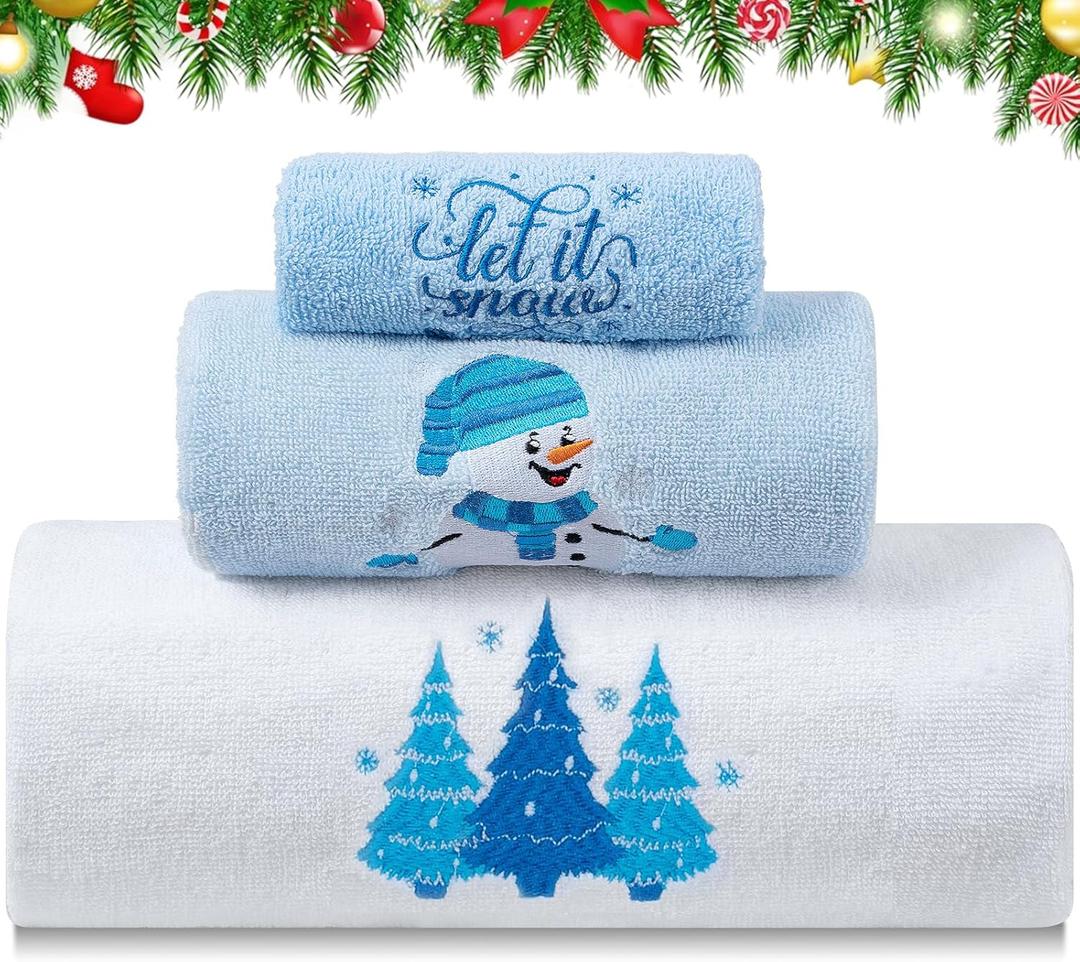 Christmas Bathroom Towels Set of 3 White Blue Xmas Tree Embroidered Soft 100% Cotton Bath Towel Little Snow Man Hand Towels for Winter Holiday Christmas Kitchen Decor Gift Dish Drying Cleaning