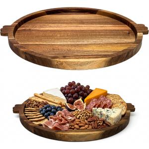 13" Round Acacia Wood Tray with 2 Built-in Handles | Versatile Serving Board for Coffee Table, Parties & Daily Dining | Large Charcuterie & Cheese Platter, Decorative Gift Tray