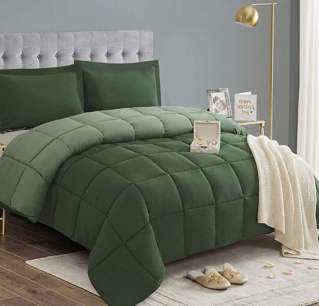 HIG 3pc Green Queen Size Comforter Set - All Season Reversible Down Alternative Bedding Comforter Set - Quilted Duvet Insert with Corner Tabs - Box Stitched Blanket - Breathable, Soft, Fluffy