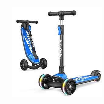 Besrey Kick Scooter for Kids Ages 3-10, 3-Wheel Folding Scooter with Adjustable Height, LED Light Wheels, Extra Wide Deck for Outdoor Activities