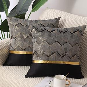 Gujiahone Throw Pillow Covers Set of 2 Black Gold Leather Striped Patchwork Jacquard Cushion Case Luxury Modern Square Decorative Cushion Covers for Sofa Couch Bed Home Decoration 20 x 20 Inch