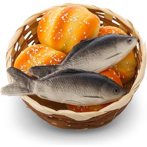 Shappy 8 Pcs Jesus Miracle Loaves and Fish Decorations Include 2 Fake Fish and 5 Fake Artificial Bread with a Basket Sunday and Religious Learning Activities(Crucian Carp)
