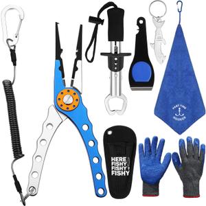 8 Pieces Fishing Tools Kit Fish Hook Remover Set Include Fishing Pliers Lip Gripper Multifunction Scissors Gloves Towel Keychain Hook for Men Women Gifts (Blue)